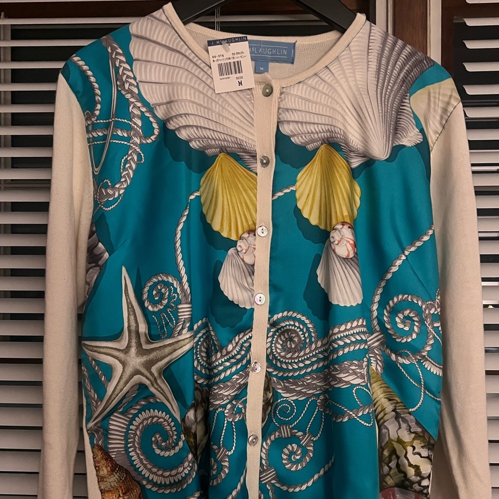 J. McLaughlin Seashells & Nautical Rope Sweater Turquoise & cream & yellow.